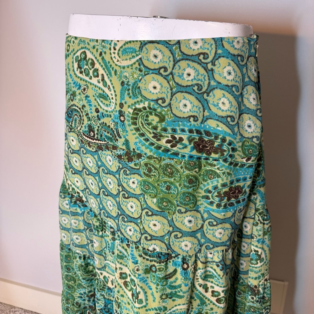 EMMA JAMES Flowy Boho Maxi Skirt Paisley Earthy Summer Spring Sage Green Size 6 - Picture 4 of 11